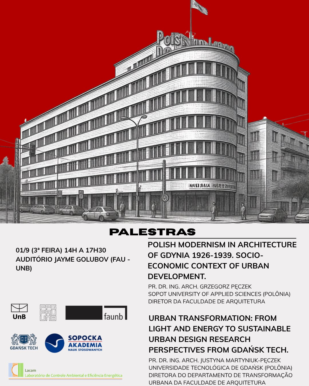 Cartaz de divulgação das palestras com os docentes poloneses Grzegorz Pęczek e Justyna Martyniuk na FAU UnB